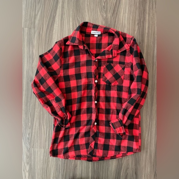 Sangtree Red and Black Plaid Button Down Flannel Shirt size 180 (M) - Picture 1 of 3